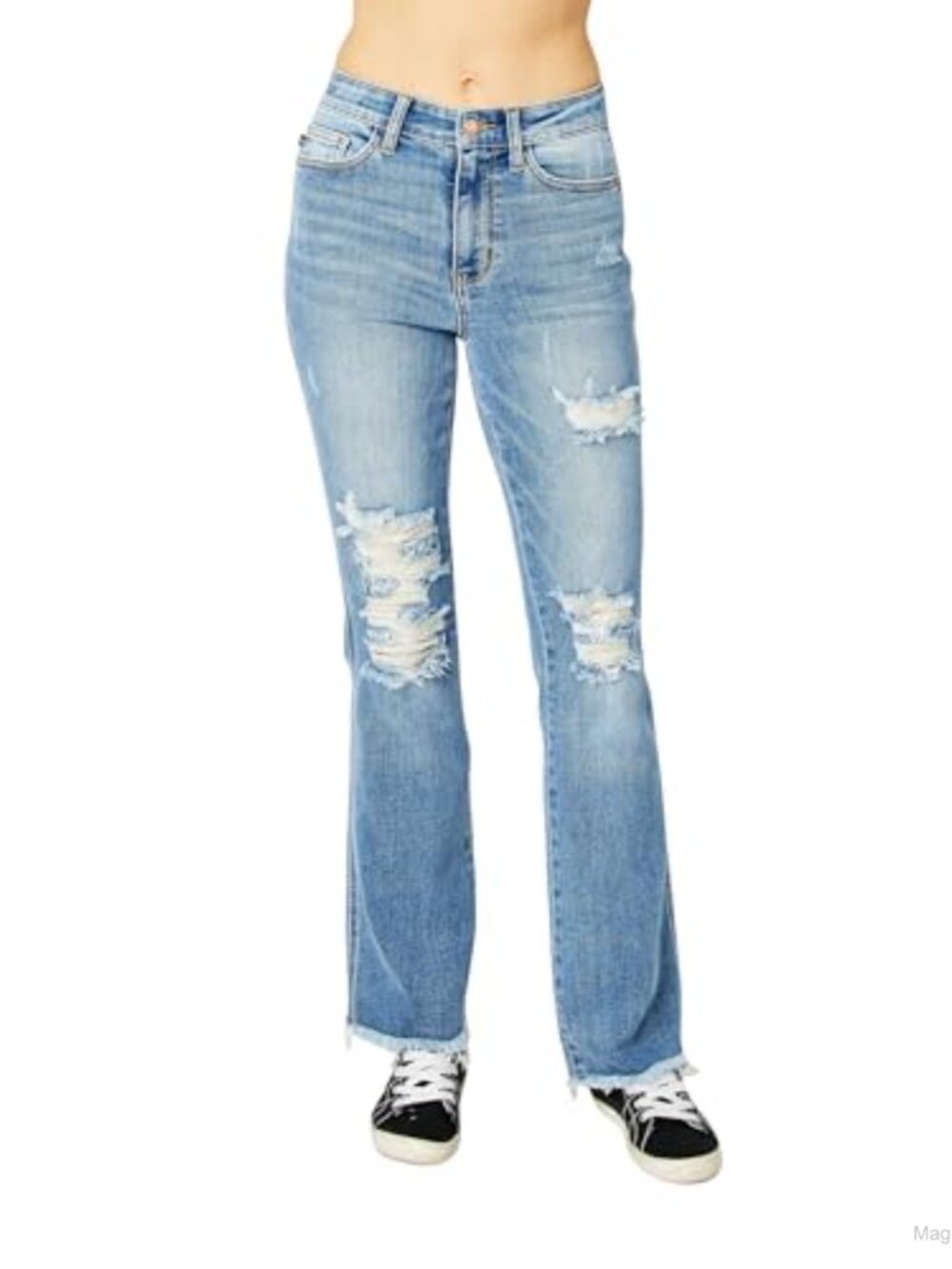 High Waist Frayed Hem Bootcut Jeans Stretch Denim